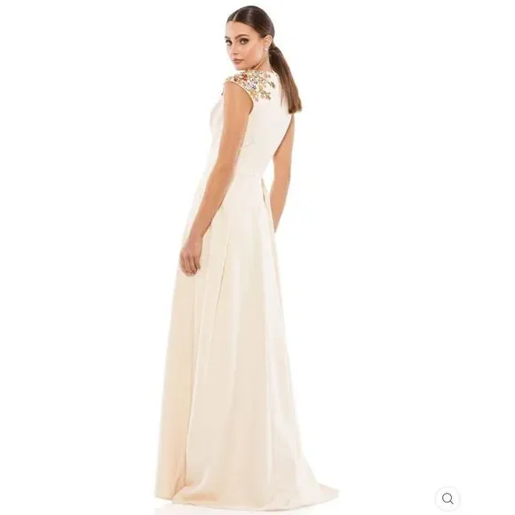 Mac Duggal 26540 Ieena Beaded Cap Sleeve V Neck A Line Gown Dress Cream Size 4 - Picture 4 of 16